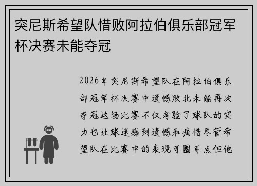 突尼斯希望队惜败阿拉伯俱乐部冠军杯决赛未能夺冠