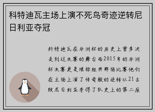 科特迪瓦主场上演不死鸟奇迹逆转尼日利亚夺冠